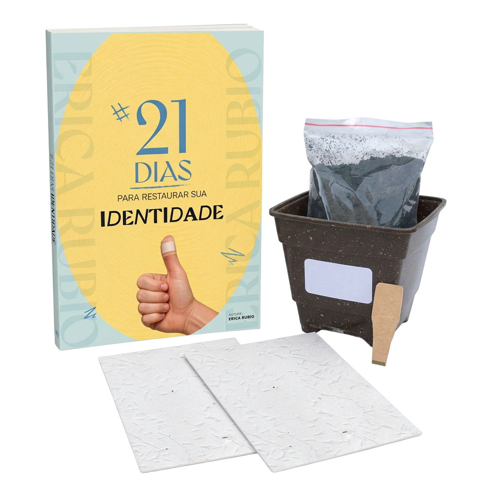 Kit completo com a capa original do livro, vaso real com substrato e marcador de madeira e folhas de papel semente